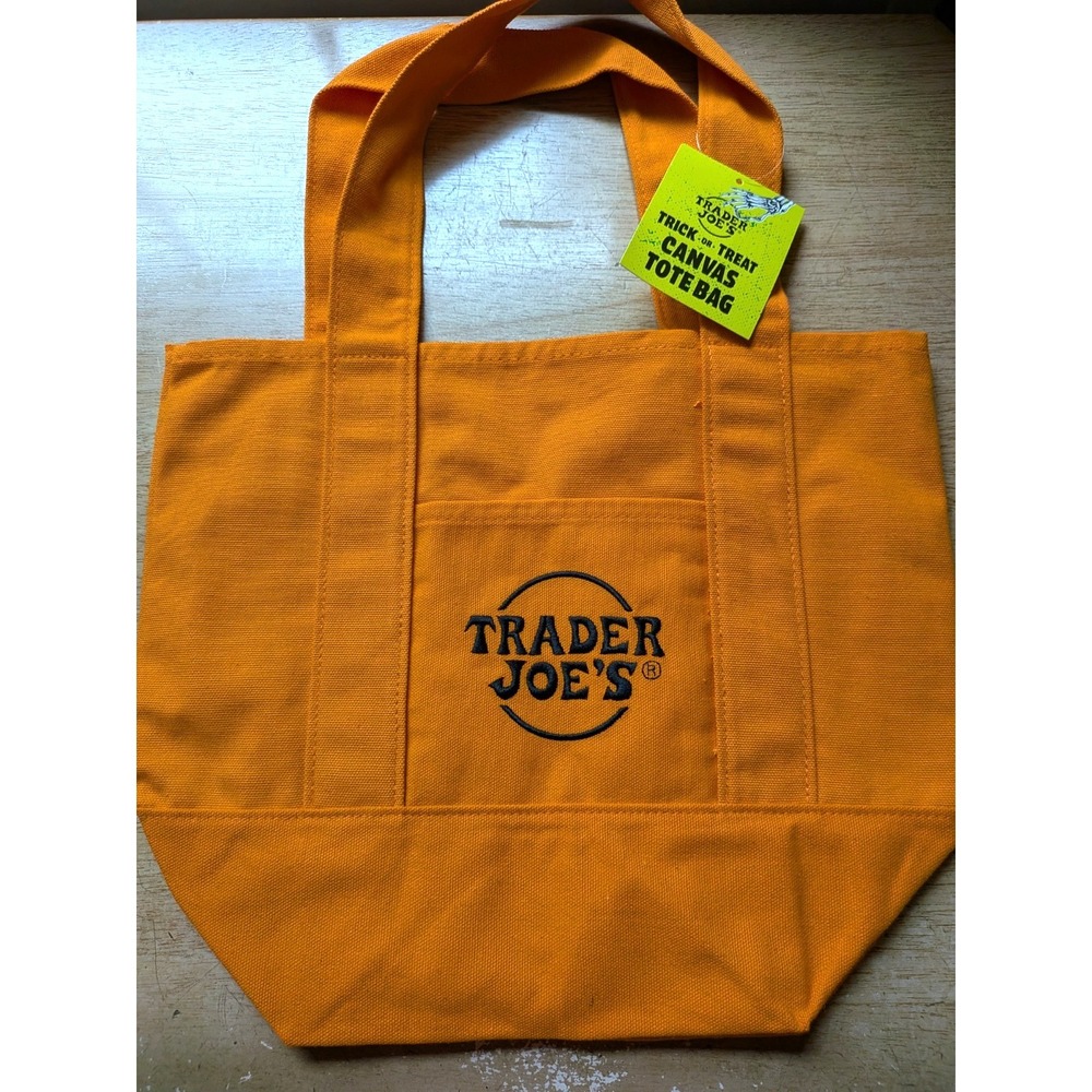 Trader Joes Mini Canvas Tote Bag Halloween‎ Orange Trick Treat Embroidered Logo